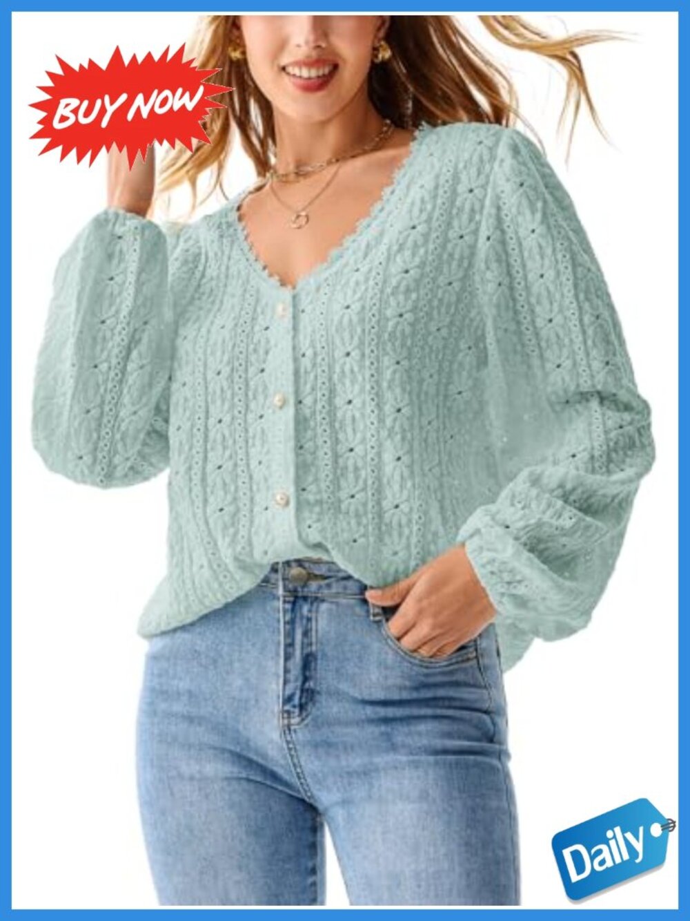 CUPSHE Eyelet Lace V-Neck Puff Sleeve Blouse Top